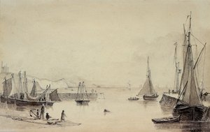 Haven van Folkestone met scheepvaart, Shakespeares Cliff in de verte door John Carpenter