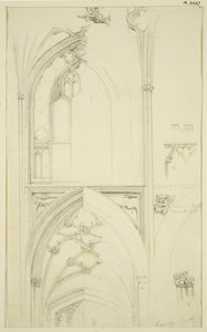 Details van het bovenraamtracering en gewelven van de zijbeuk hieronder, in St Mary Redcliffe door John Carter