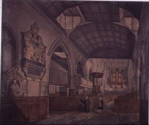 Interieur van de Kerk van St. Giles, Cripplegate, kijkend naar het westen, met het Monument van Constance Whitney door John Carter