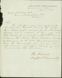 Brief ondertekend J.C. Fremont, Major General Commanding, Hoofdkwartier, Western Department, kamp bij Tipton, aan Kapitein A.H. Foote, U.S.N. Commandant van de Marinekrachten H.D., St. Louis, 11 oktober 1861