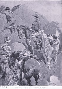 De ogen van het leger, verkenners aan het werk, uit Na Pretoria: De Guerrillaoorlog gepubliceerd door Harmsworth Bros Limited, 1901