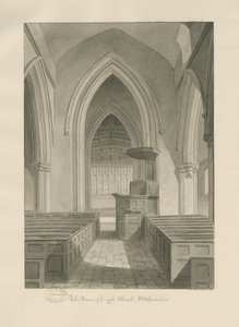 Interieur van Leigh Church: sepia tekening door John Chessell Buckler