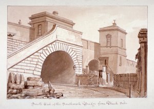 Uitzicht op het zuideinde van Southwark Bridge vanaf Bankside, Southwark, Londen, 1828