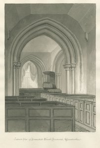 Worcestershire - Droitwich - Dodderhill Kerk Interieur: sepia tekening door John Chessell Buckler