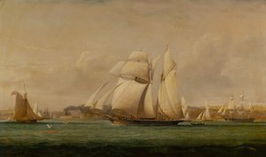 Een Topzeilschoener, Twee Royal Yacht Squadron Cutters en een Amerikaans Koopvaardijschip door John Christian Schetky