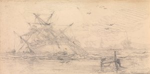 Een tweedeks schip gestrand op een strand door John Christian Schetky