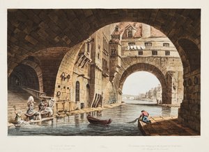 De wasplaats behorend bij het ziekenhuis van het Hotel-Dieu en de brug de la Tournelle, illustratie uit Versailles, Parijs en Saint Denis, uitgegeven 1805