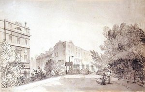 Uitzicht op Fitzroy Square met Twee Figuren die een Tuinwals trekken, c.1808 door John Claude Nattes