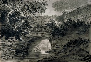 Zicht op een deel van het afvoersysteem van de Serpentine in Hyde Park, Londen, ca. 1817 door John Claude Nattes