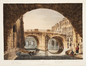 Uitzicht genomen van onder de eerste boog van de brug van het Hotel Dieu, de Kleine Brug, deel van Hotel Dieu, illustratie uit Versailles, Parijs en Saint Denis, uitgegeven 1809 door John Claude Nattes