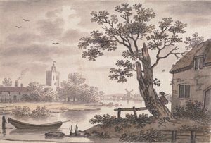Rivierscène met Kerk, Huisje en Windmolen