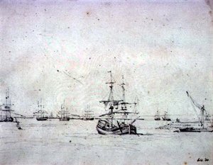 Een brik voor anker en andere schepen in de Theems
