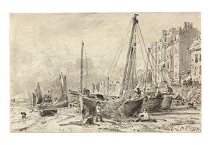 Gestrandde vissersboten met vissers die netten repareren op het strand van Brighton, kijkend naar het westen, ca. 1824-28 door John Constable