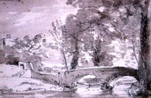 Brug met bomen en gebouwen, bij Haddon door John Constable