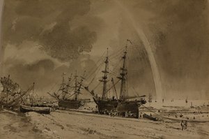 Brighton Beach met een regenboog: Colliers lossen, ca. 1792 door John Constable