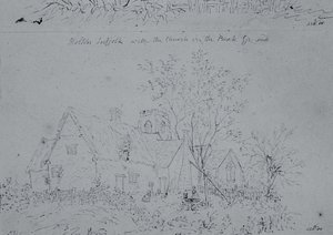 Cottage in Holton met de kerk op de achtergrond door John Constable