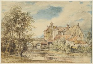 Oude Huizen op Harnam Brug, Salisbury met het Oude Ziekenhuis van Sint Nicolaas, 1827