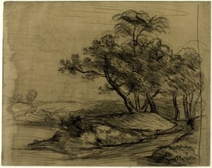 Rivieroever met bomen (recto); kudde vee onder bomen, met inzet van een schets van het landschap (verso)