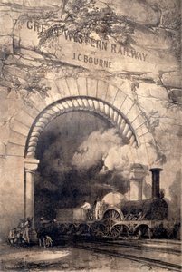 Acheron 2-2-2 locomotief die uit een tunnel bij Bristol komt, frontispice van The History and Description of the Great Western Railway, 1846 door John Cooke Bourne