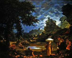 Monniken met een lantaarn in een rotsachtig maanverlicht landschap