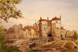 Uitzicht op de Tower of London, met Byward Tower, Beauchamp Tower, Devereux Tower en St. Thomas Tower door John Crowther
