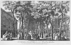 Een uitzicht op het Orkest met de Muziekkapel, de Grote Wandelgang in Marybone Gardens