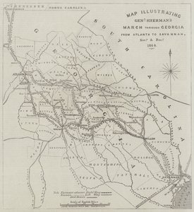 Kaart die de mars van generaal Sherman door Georgia van Atlanta naar Savannah illustreert, november en december 1864