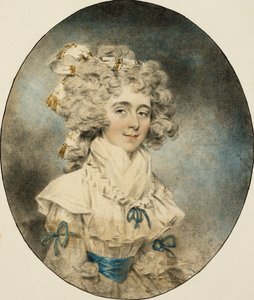 Portret van mevrouw Fisher, halve lengte, in een witte jurk versierd met blauwe linten, 1788 door John Dowman