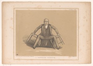 Spotprent met Robert Peel die tussen twee stoelen valt