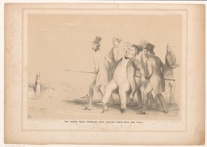 Spotprent met zeven mannen die met een speer een haas aanvallen