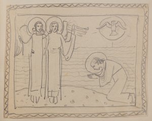 Zonder titel [Knielende figuur en twee engelen] door John Duncan
