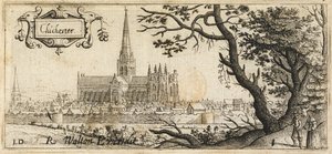 Twee figuren bij een grote boom rechts op de voorgrond; de stad Chichester in de verte; de stadsmuren door het tafereel; Chichester Cathedral in het midden, ca. 1660 (ets) door John Dunstall