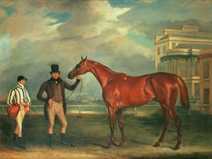 Generaal Chasse, een kastanjebruin renpaard vastgehouden door zijn trainer, met zijn jockey, J. Holmes, staand op de Aintree renbaan, 1835