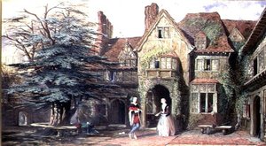 Exterieur van Stoke Huis, met Figuren