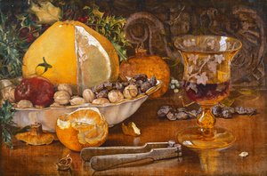 Stilleven van fruit, noten en wijnglas, 1864