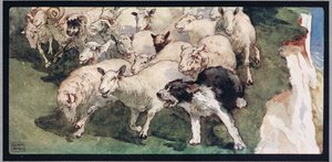 Bobtail-schapenherder en kudde op kliffen, illustratie uit 