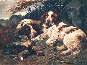 Een Paar Lever- en Witte Clumber Spaniels bij de Dagelijkse Buit
