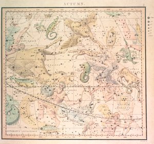 Hemelkaart: Herfst, met sterrenbeelden en posities van de sterren (gravure)