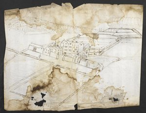 Prospect van Wotton met de tuin, grot en omgeving vanuit het noordwesten, c.1650