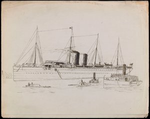 PAH1225; Stoomschip nabij een kust met sleepboot ernaast. Passagiersschip met sleepboot en raderstoomboot Tilbury in de buurt door John Everett