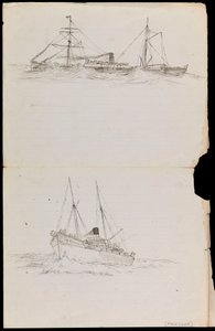 Schetsen van een slagschip en twee andere Royal Navy schepen door John Everett