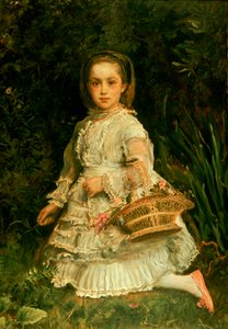 Portret van Gracia, in een witte jurk, wilde bloemen plukkend door John Everett Millais