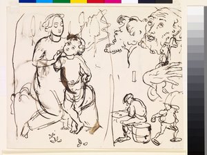 Blad met studies die de post-Raphaeleske stijl karikaturiseren, 1853 door John Everett Millais
