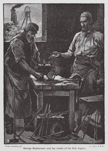 George Stephenson en het model van zijn eerste motor door John Eyre