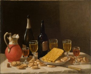 Stilleven met flessen, wijn en kaas 1857