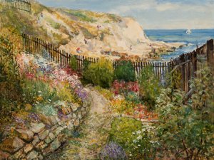 Een tuin in Cullercoats met uitzicht op de zee
