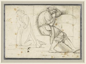 Studieblad met een slapende jongeman en een geknield biddende vrouw door John Flaxman (II)