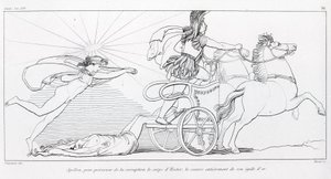 Apollo, god van de zon, bedekt het lichaam van Hector volledig met zijn gouden aegis om het te beschermen. Zang XXIV. Tekening door John Flaxman (1755 - 1826). Homer