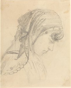 Hoofd van een vrouw in een sjaal, naar beneden kijkend door John Flaxman