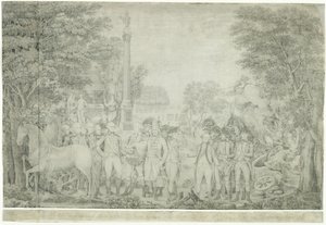 De Britten geven hun wapens over aan generaal Washington na hun nederlaag bij Yorktown in Virginia, oktober 1781 door John Francis Renault